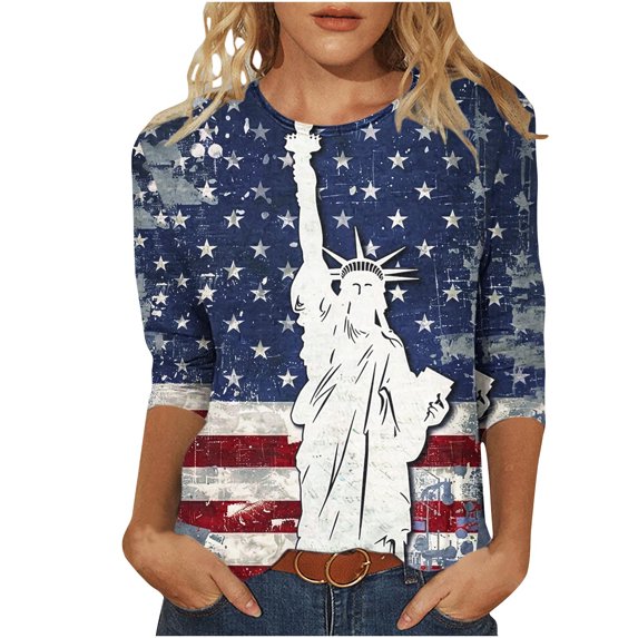 FAVIPT Womens American Tops 3/4 Sleeve Round Neck Tunic Tees 4th of July American Flag Print Blouses Casual Fashion Comfy Shirts Multicolor,M