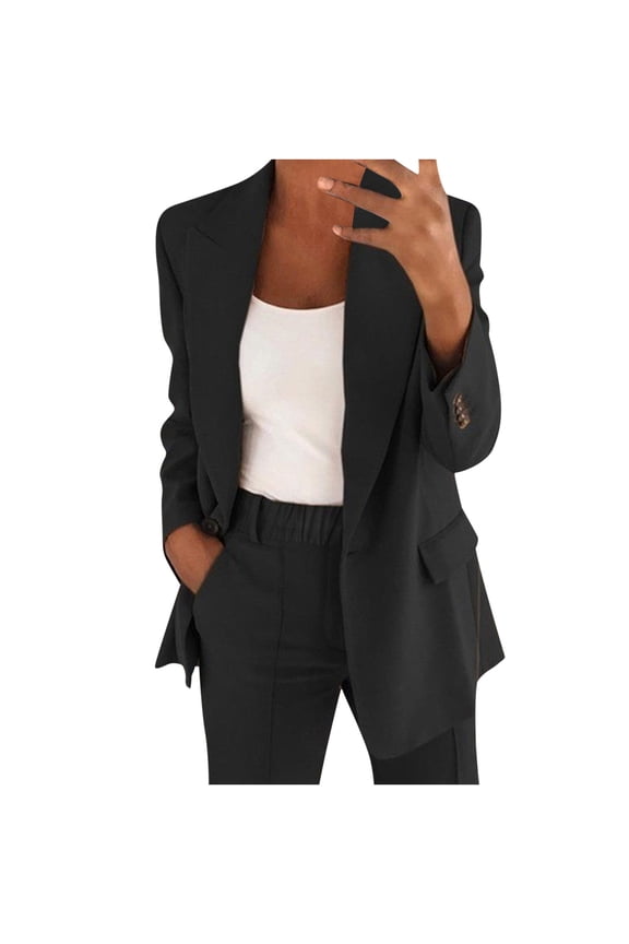 Womens Blazer And Pant 2 Piece Sets Casual Dressy Business Outfits Notched Lapel Straight Leg Pant Suits Black,S
