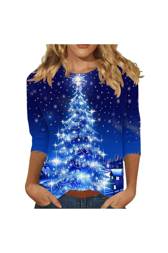 Womens Blouses Christmas 3/4 Sleeve Glitter Sparkle Xmas Trees Print Sparkle Crewneck Graphic Tees Tops Party Blouse T-Shirts 2024 Red,M
