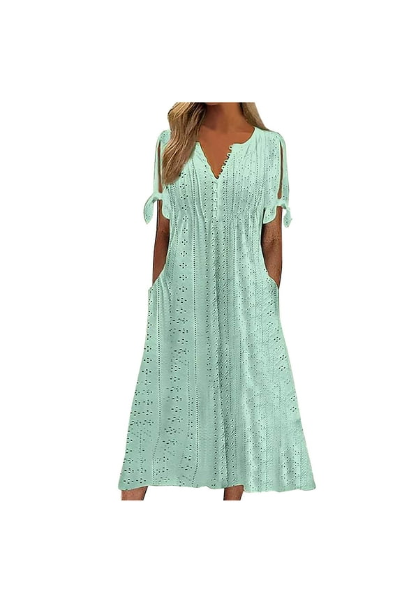 Womens Boho Eyelet Pastel Dress Button V Neck Tie Knot Short Sleeve Flowy Beach Vacation Midi Dresses with Pockets 2025 Green,XL
