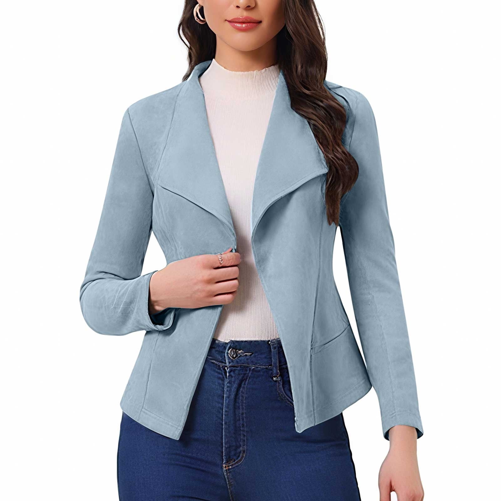FAVIPT Womens Casual Jacket Faux Suede Lapel Solid Clothes Long Sleeve Cropped Coat Open Front Fall Winter Outfits Blue,XXL