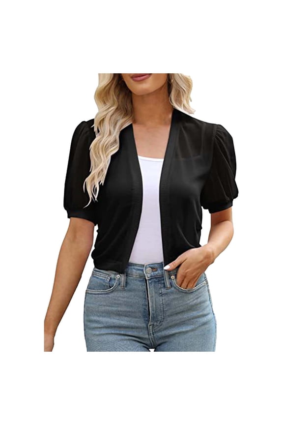 Womens Chiffon Kimono Cardigans Puff Short Sleeve Solid Bolero Shrug Open Front Sheer Casual Summer Crop Coverups Black,XXL