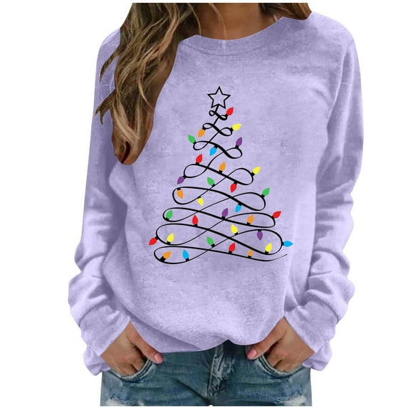 FAVIPT Womens Christmas Pullover Cute Tree Print Oversized Tops Long Sleeve Crew Neck Soft Shirts Xmas Casual Fall Fashion Outfits 2025 Purple,L
