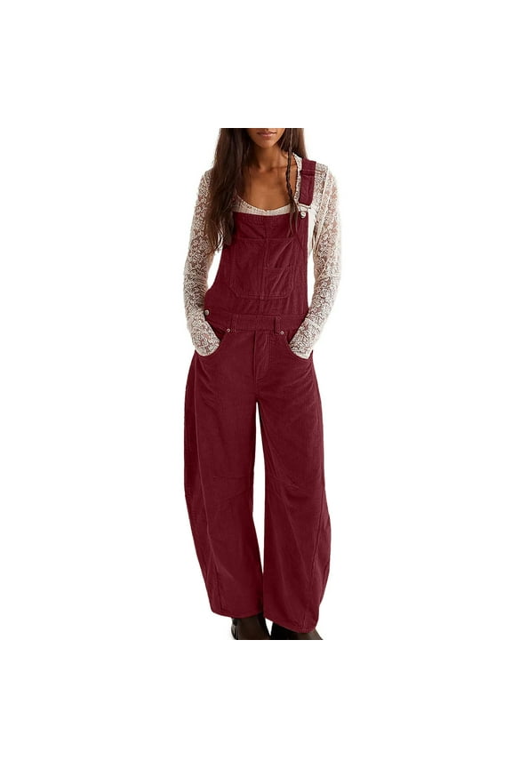 Womens Corduroy Bib Overalls Adjustable Strap Loose Fit Workwear Casual Wide Leg Jumpsuit with Pocket Wine,M