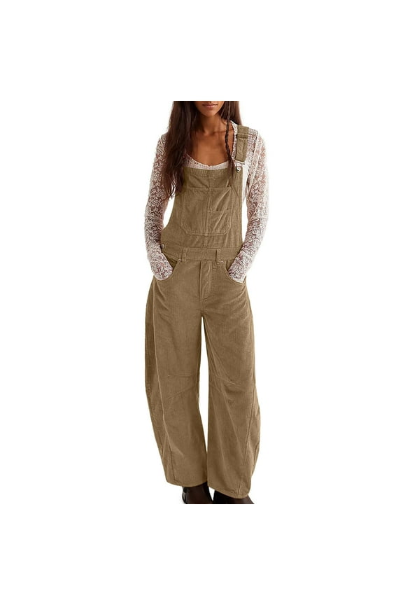 Womens Corduroy Casual Overalls Adjustable Strap Loose Fit Workwear Wide Leg Soft Jumpsuit with Pocket Khaki,XXL