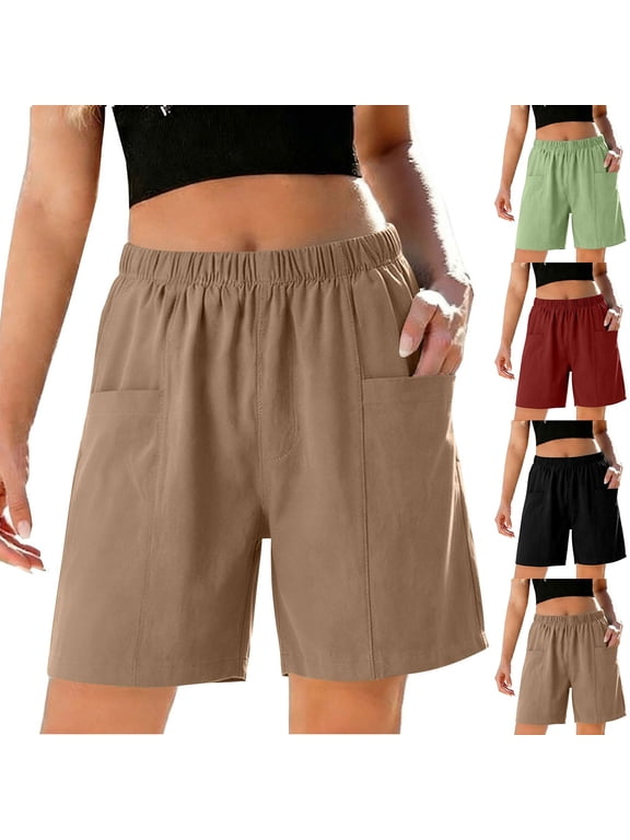 Womens Cotton Shorts with Pockets Straight Leg Elastic Waisted Solid Shorts Summer Beach Vacation Casual Outfits 2026 Khaki,M