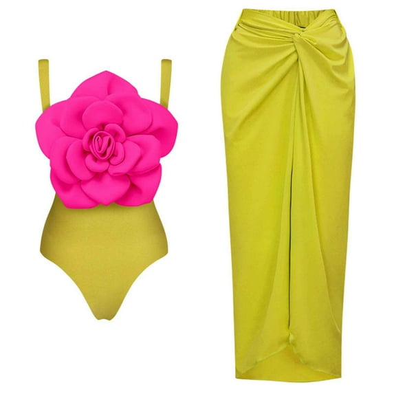 FAVIPT Womens Cover Up Wrap Skirt Sarong Swimsuit with 3D Floral One Piece Bathing Suits Tummy Control Fashionable Summer 2025 Swimwear Green,M