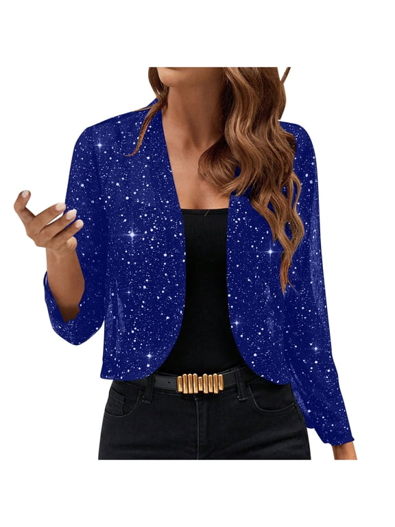 Womens Cropped Sequin Jackets Long Sleeve Open Front Cardigan Fashion Glitter Bolero Shrugs for Evening Party Navy,L