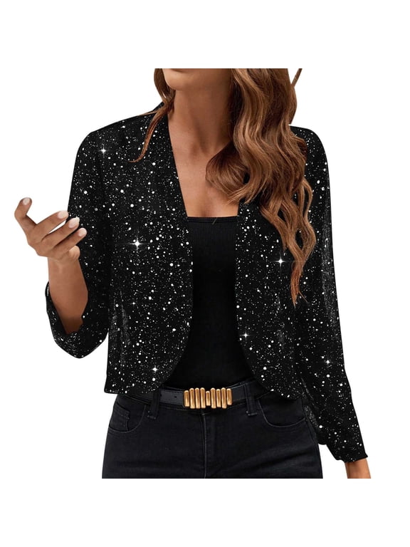 Womens Cropped Sequin Jackets Open Front Long Sleeve Casual Blazer Bolero Shrugs Mesh Glitter Evening Party Cardigan Black,M
