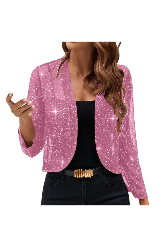 Womens Cropped Sequin Jackets Open Front Thin Blazer Fashion Bolero Shrugs Mesh Glitter Cardigan for Evening Dress Pink,S