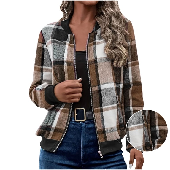 FAVIPT Womens Fall Bomber Jacket Casual Loose Comfy Short Coats Full Zip Plaid Print Long Sleeve Jackets Brown,L