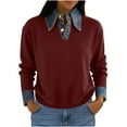 thumbnail image 1 of FAVIPT Womens Fall Oversized Sweater Denim Patchwork Lapel Button Up Shirts 2 in 1 Cozy Knit Long Sleeve Tops Wine,Free Size, 1 of 8