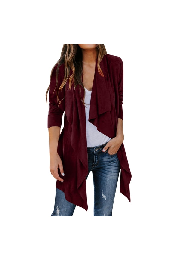 Womens Faux Leather Jackets Suede Long Sleeve Casual Coat Drape Open Front Solid Cardigan Oversized Fall Winter Outerwear Red,L