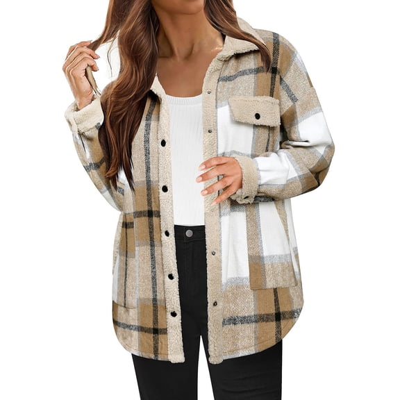 FAVIPT Womens Flannel Plaid Jacket Long Sleeve Lapel Comfy Coats Lightweight Casual Loose Fuzzy Jackets with Pockets Khaki,XL