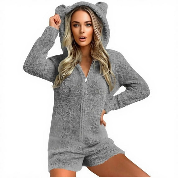 FAVIPT Womens Fleece Hoodie Jumpsuit Sherpa Lined Winter Warm Jumpsuit Cute Cat Ear Hoodie Onesie Long Sleeve Shorts Zipper Sleepwear with Pockets 2025 Gray,XL