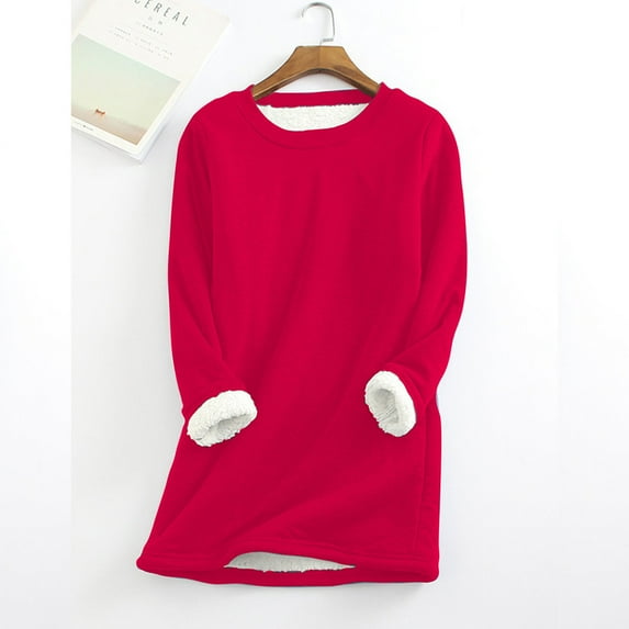 FAVIPT Womens Fleece Lined Sweatshirt Winter Warm Sherpa Lined Crewneck Sweatshirts Pullover Basic Solid Long Sleeve Loungewear Tunic Tops Plus Size 2024 Red,XXXXL