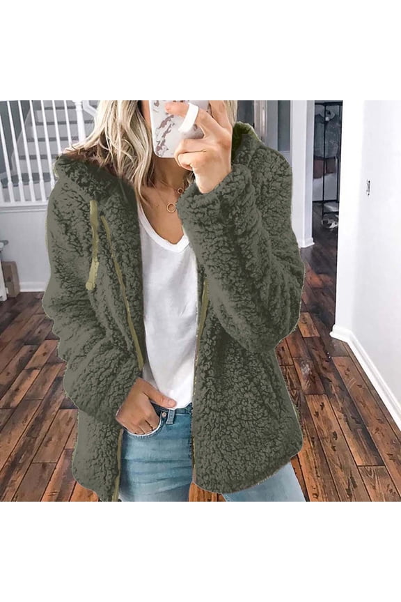 Womens Fleece Zip Up Jacket Fuzzy Sherpa Hoodies Oversized Fluffy Sweater Outerwear Warm Thicken Faux Fur Teddy Coat Army Green M