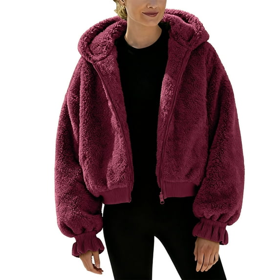 FAVIPT Womens Fuzzy Hoodie Jacket Teddy Thicken Winter Thermal Coats Zip Up Cropped Plain Outerwear with Pockets 2025 Wine,M