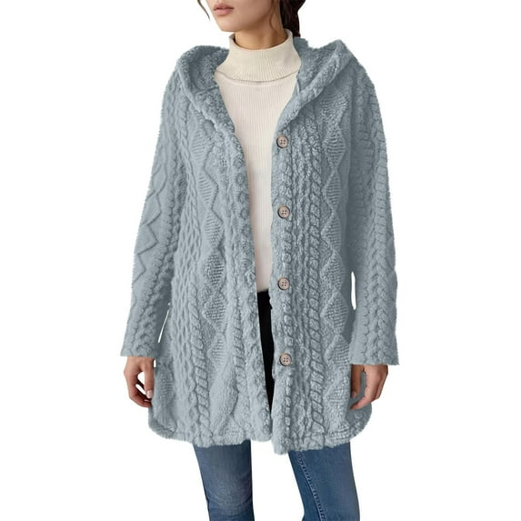 FAVIPT Womens Fuzzy Sherpa Coat Thicken Thermal Winter Cozy Jackets Button Down Jacquard Knitted Outerwear with Pockets 2025 Light Blue,XXL