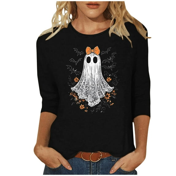 FAVIPT Womens Ghost Tops Halloween Day Spooky Season Shirts 3/4 Sleeve Crew Neck Comfy Tops Cute Basic Casual Trendy Fall 2025 Blouses Black,XXL