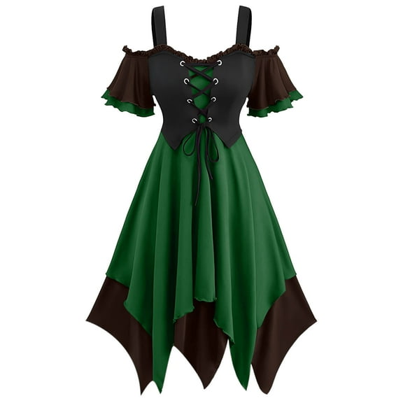 FAVIPT Womens Gothic Steampunk Dress Halloween Cold Shoulder Long Dresses Lace Up Color Block Corset Costume Medieval Renaissance Dress Green,L