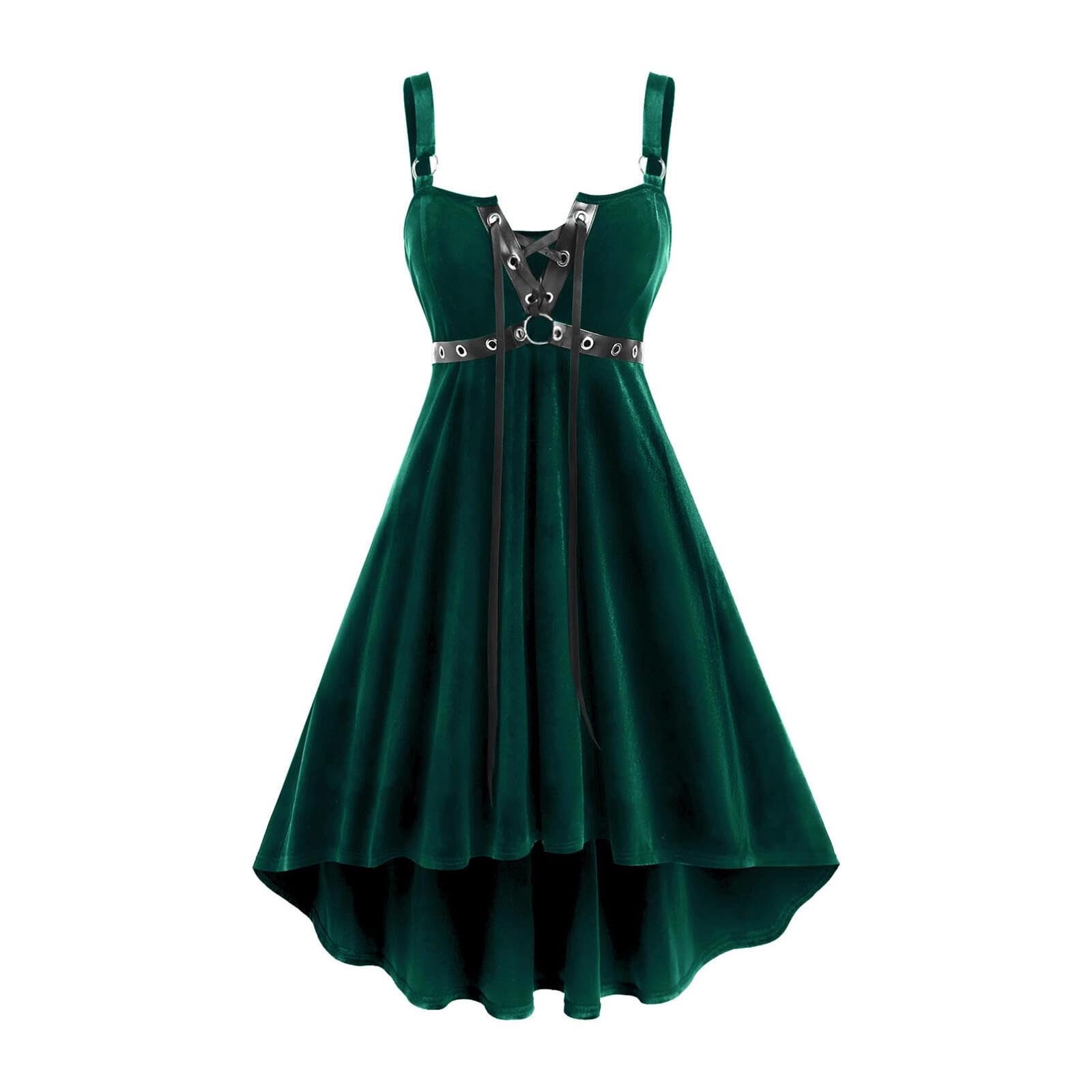 FAVIPT Womens Gothic Velvet Corset Dress Spaghetti Strap Halloween Midi  Dresses Lace Up High Low Costume Plain Vintage Grommets Dress Green,L -  Walmart.com