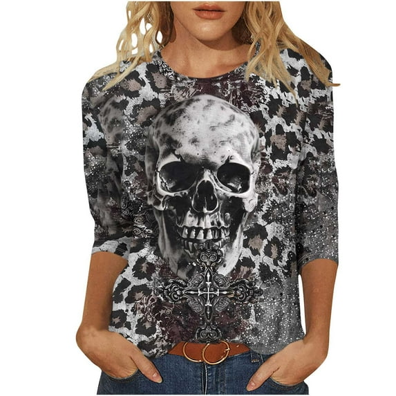 FAVIPT Womens Halloween Graphic Print Shirts Three Quarter Sleeve Round Neck Blouse Funny Print Casual Shirts Basic Novelty Fall Tees Multicolor,XL