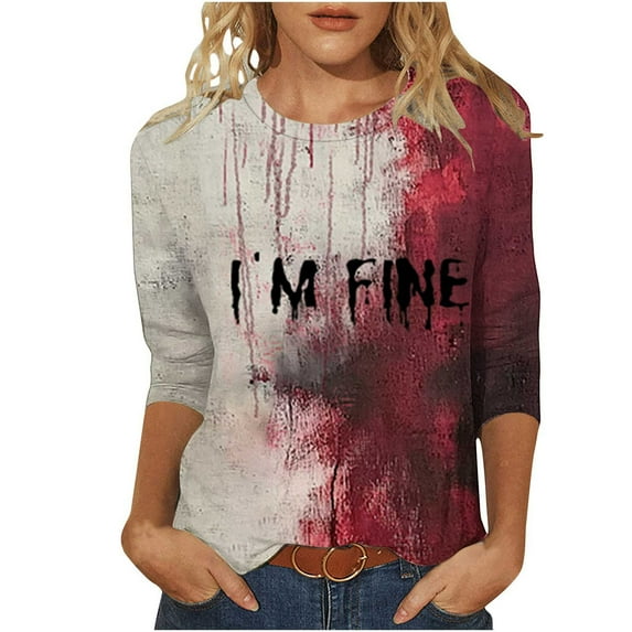 FAVIPT Womens Halloween Graphic Print Shirts Three Quarter Sleeve Round Neck Blouse Funny Print Casual Shirts Basic Novelty Fall Tees Red,XXXL