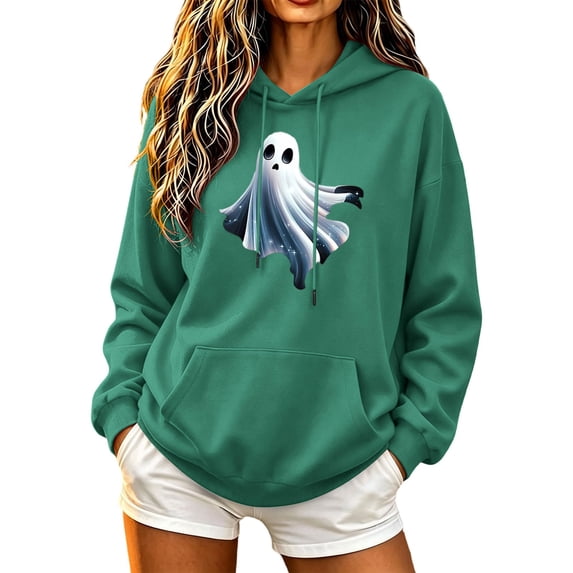 FAVIPT Womens Halloween Hoodie Pullovers Drawstring Long Sleeve Oversized Hoodies Cute Ghost Print Casual Sweatshirt with Pocket Army Green,XL