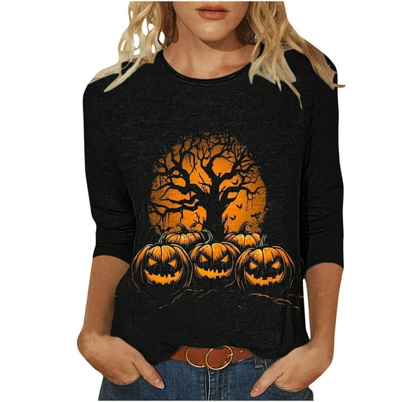 FAVIPT Womens Halloween Shirts Funny Cat Pumpkin Graphic Print Basic Tees 3/4 Length Sleeve Round Neck Shirts Casual Trendy Fall 2025 Comfy Tops Multicolor,XXXXL