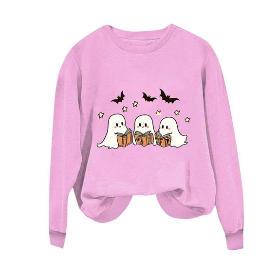 FAVIPT Womens Halloween Sweatshirt Spooky Season Cute Ghost Graphic Pullover Long Sleeve Crew Neck Comfy Tops Casual Trendy Fall 2025 Blouses Pink,XL