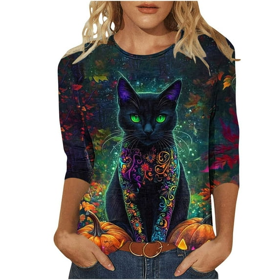 FAVIPT Womens Halloween Tops Cute Cat Graphic Print Basic Tees 3/4 Length Sleeve Round Neck Shirts Casual Trendy Fall 2025 Comfy Tops Multicolor,L