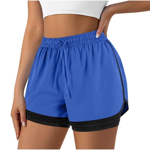 FAVIPT Womens High Waist Workout Shorts Drawstring Flowy Running Comfy Summer Casual Shorts with Liner Blue,L