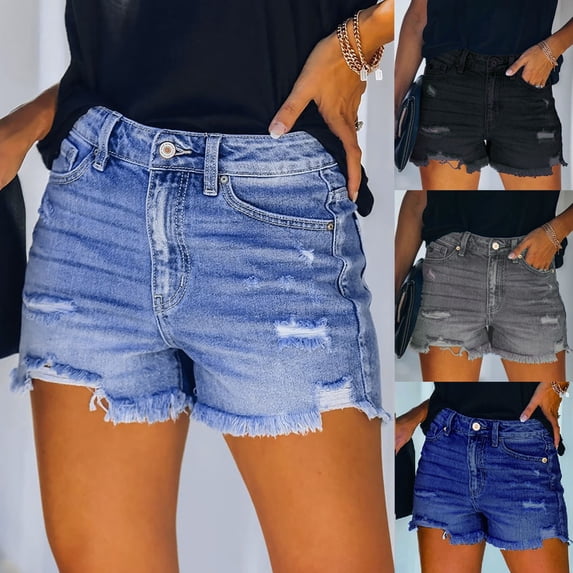 FAVIPT Womens High Waisted Jean Shorts Stretch Ripped Distressed Jorts Casual Summer Cutoff Denim Shorts Gray,XL