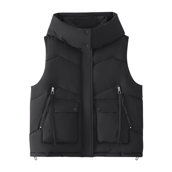 FAVIPT Womens Hooded Puffer Vest Quilted Full Zip Coats Cropped Sleeveless Lightweight Outerwear Winter Warm Pockets Jackets 2025 Black,M