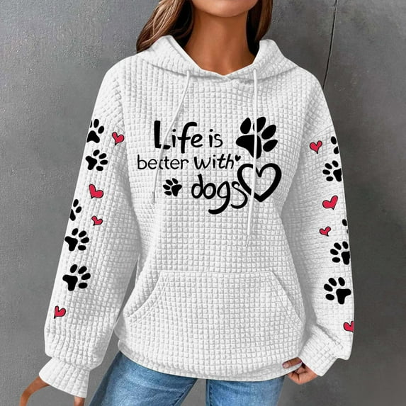FAVIPT Womens Hoodie Love Heart Waffle Print Hoodie Women 2024 Long Sleeves Colorblock Hoodies Fall Lightweight Drawstring Hooded Sweatshirts with Pockets White,S
