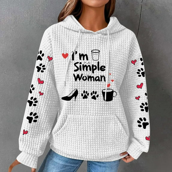 FAVIPT Womens Hoodie Love Heart Waffle Print Womens Knit Hoodies for Women 2024 Fall Long Sleeve Drawstring Hoodie Pocket Pullover Top Loose Sweatshirt White,S
