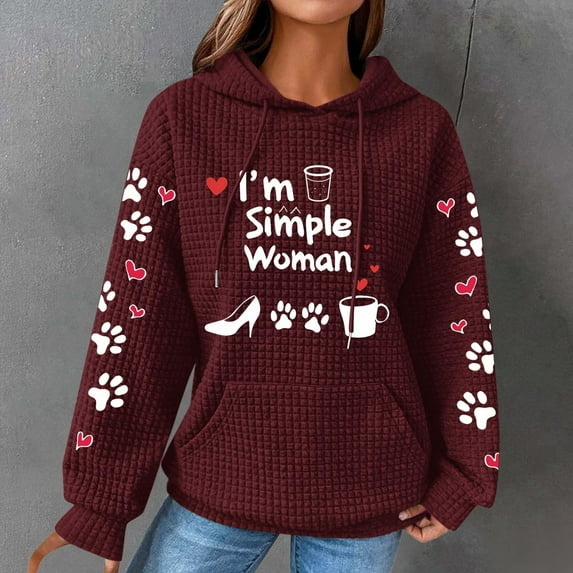 FAVIPT Womens Hoodie Love Heart Waffle Print Womens Knit Hoodies for Women 2024 Fall Long Sleeve Drawstring Hoodie Pocket Pullover Top Loose Sweatshirt Wine,XL