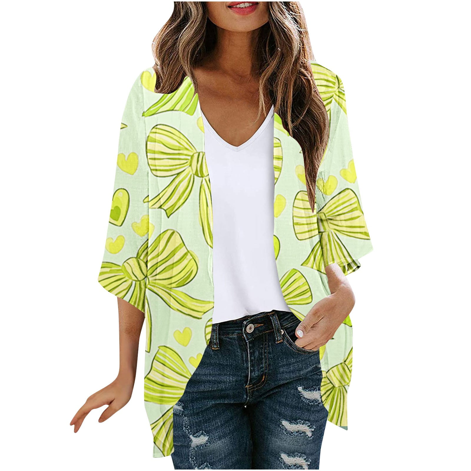 Women's Floral Chiffon Kimono Cardigan - Beach Cover Up, Open Front, Boho Style (Large, Green) - View #10