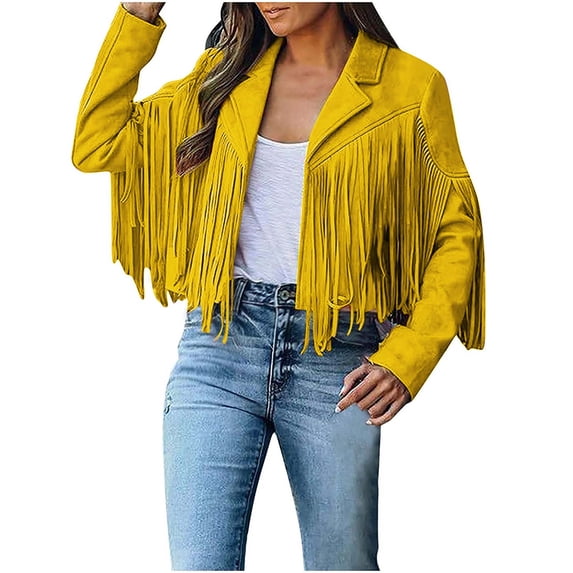 FAVIPT Womens Leather Fringe Jacket,Women Trendy Tassel Coat Fall Faux Suede Leather Cowboy Style Jacket Lapel Long Sleeve Cropped Jacket,Womens Fringe Vest Faux Suede Tassels Jacket 70s Cowgirl