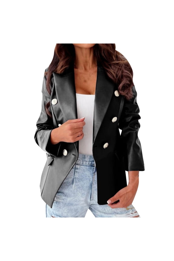 Womens Leather Jackets Double Breasted Buttons Faux Leather Blazer Women Long Sleeve Coat Notch Collar Leather Jacket for Women