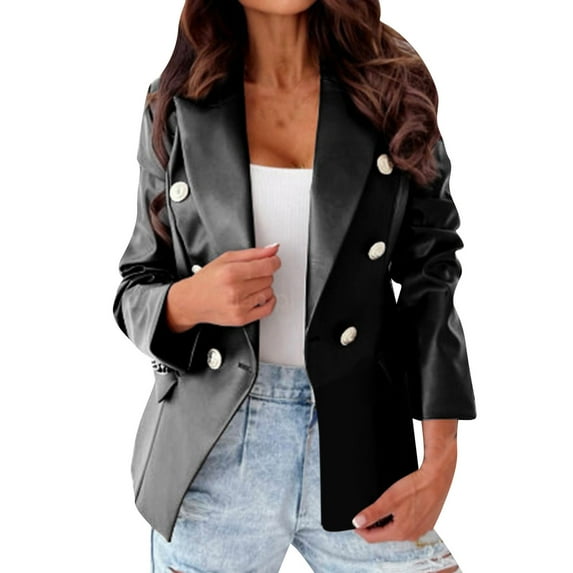 FAVIPT Womens Leather Jackets Double Breasted Buttons Faux Leather Blazer Women Long Sleeve Coat Notch Collar Leather Jacket for Women