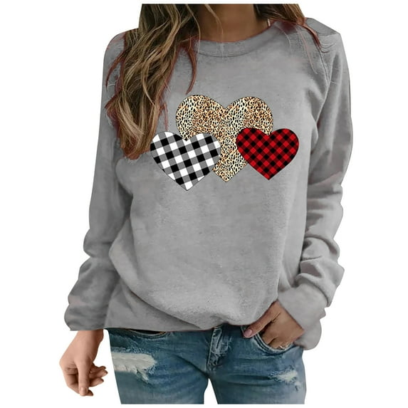 FAVIPT Womens Leopard Valentines Day Sweatshirt Women Love Heart Graphic Teacher Valentine's Day Long Sleeve Shirt Casual Pullover Tops 2025 Gray,XL