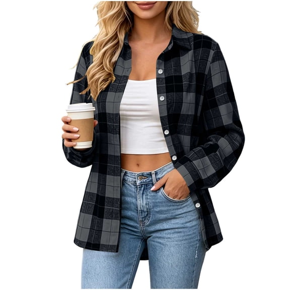 FAVIPT Womens Lightweight Plaid Jacket Long Sleeve Button Down Lapel Shackets Work Casual Fall Fashion Clothes Dark Gray,S