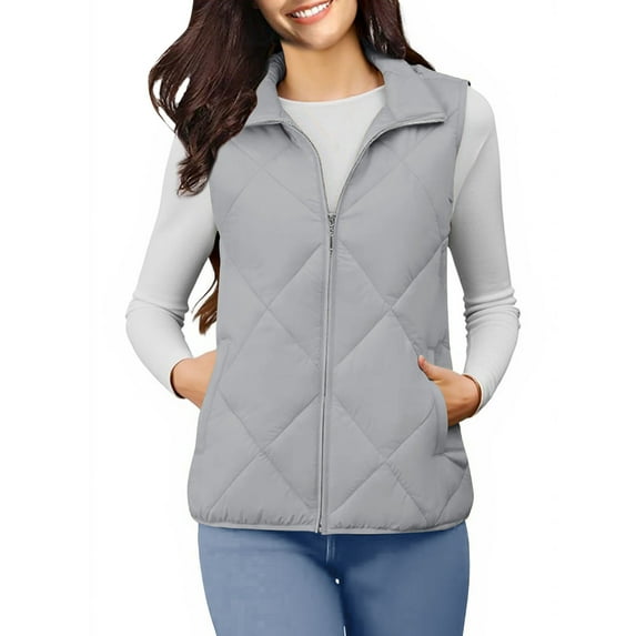 FAVIPT Womens Lightweight Quilted Puffer Vest Zip Up Lapel Coats Sleeveless Padded Soft Jacket Casual Winter Warm Pocket Outerwear Gray,S