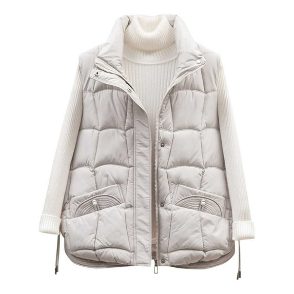 FAVIPT Womens Lightweight Quilted Puffer Vest Zip Up Stand Collar Coats Sleeveless Padded Drawstring Jacket Winter Pocket Outerwear White,XXL