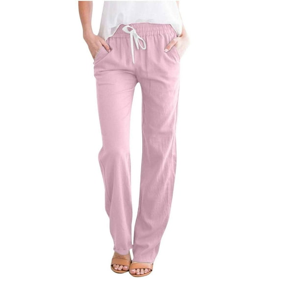 FAVIPT Womens Linen Pants Casual High Waist Drawstring Pant Loose Fit Summer Straight Leg Trousers with Side Pockets 2025 Pink,L