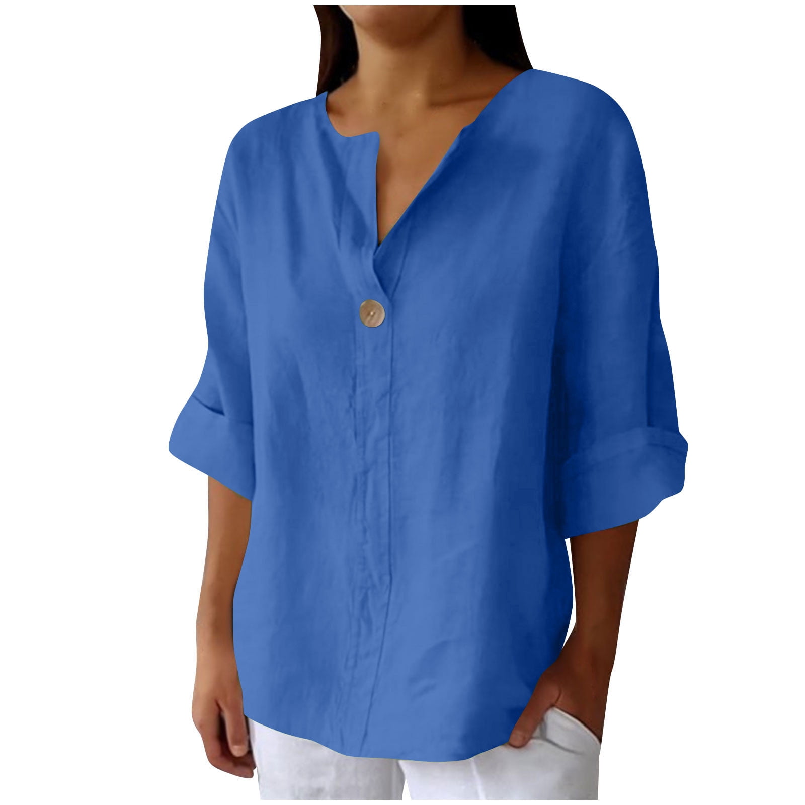 FAVIPT Womens Linen Shirt 3/4 Sleeve Plus Size Summer V Neck Tees Tops ...