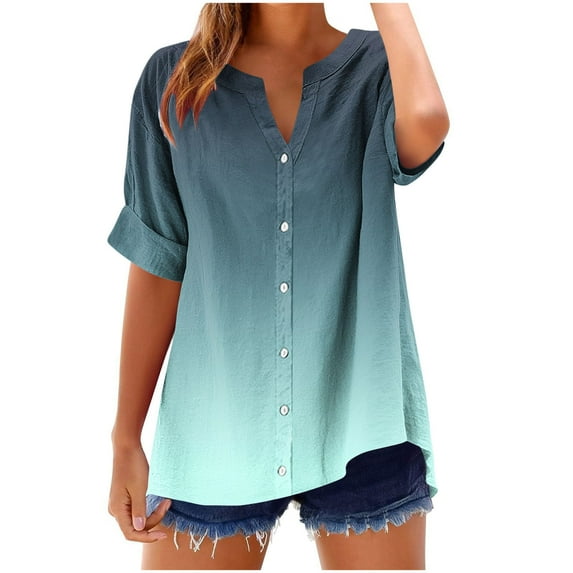 FAVIPT Womens Linen Summer Tops Short Sleeve Button Up Shirts Gradient Print V Neck Blouses CasualLoose Fashion 2025 Tunic Tees Army Green,L