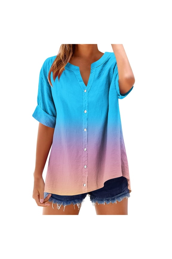 Womens Linen Summer Tops Short Sleeve Button Up Shirts Gradient Print V Neck Blouses CasualLoose Fashion 2025 Tunic Tees Sky Blue,S